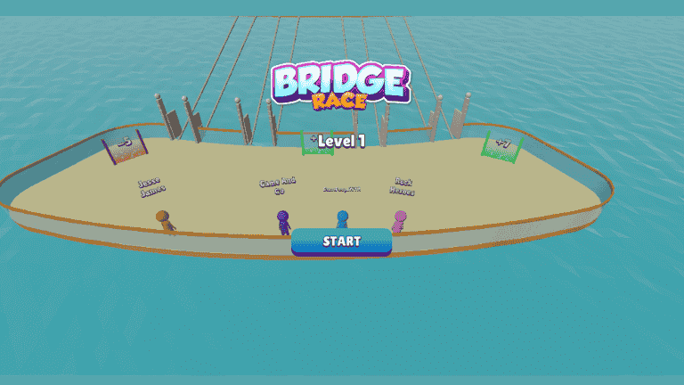 Player building a colorful bridge in the Bridge Race game, surrounded by rivals and obstacles.